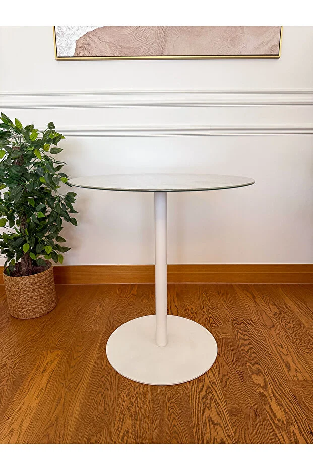 Traverten Mermer Desenli Modern 70 CM Yemek Masası 8 MM Temper Cam